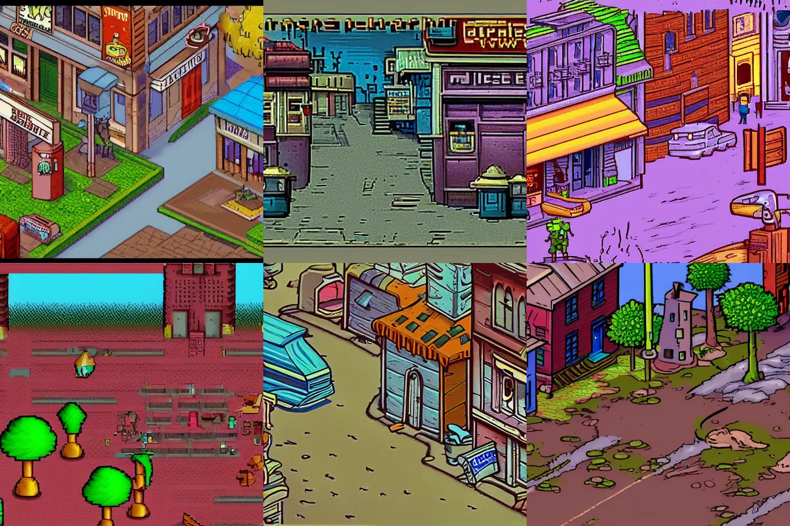 Prompt: the main street in a small colony on a strange planet, from a Lucasarts graphic adventure game made in 1995