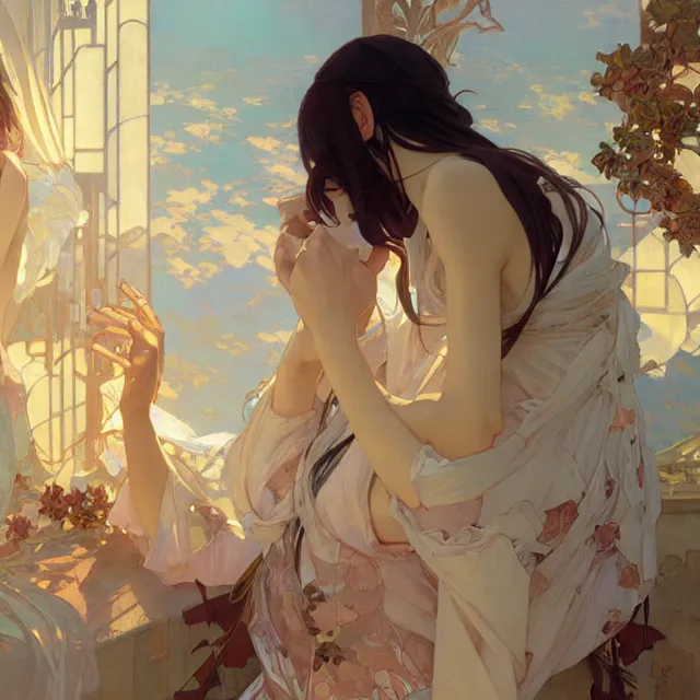 Prompt: the most important thing is you're happy, i understand that. oil painting, byross tran and alphonse mucha greg rutkowski makoto shinkai