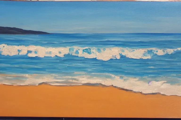 Prompt: painting of a beach, beautiful, with calm waves and sand, oil on canvas