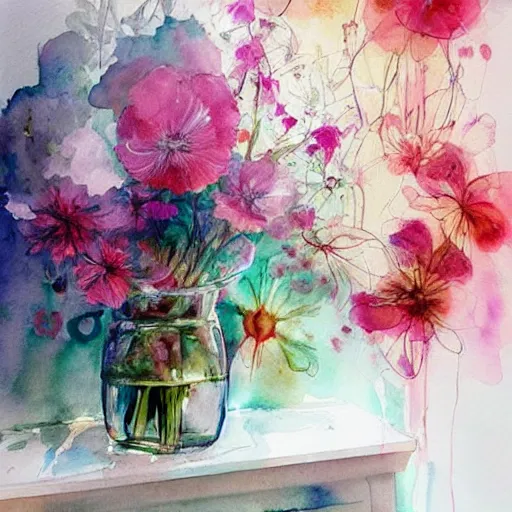 Prompt: watercolor living room with flowers, by anna dittmann, agnes cecile, william turner