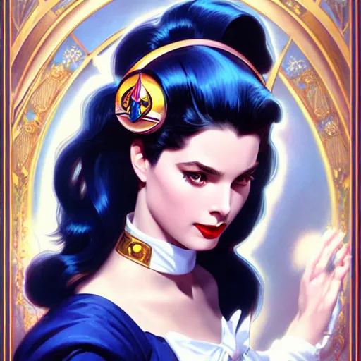 Image similar to Grace Kelly with Dark Blue Hair as Sailor Moon, western, D&D, fantasy, intricate, elegant, highly detailed, digital painting, artstation, concept art, matte, sharp focus, illustration, art by Artgerm and Greg Rutkowski and Alphonse Mucha