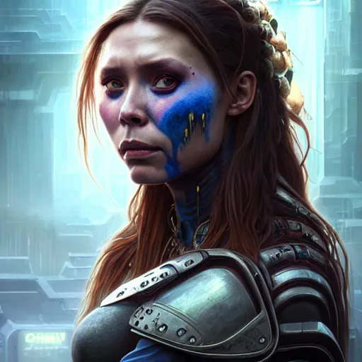 Image similar to portrait painting of a cyberpunk orc shaman extremely muscular ugly elizabeth olsen, ultra realistic, concept art, intricate details, eerie, highly detailed, photorealistic, octane render, 8 k, unreal engine. art by artgerm and greg rutkowski and charlie bowater and magali villeneuve and alphonse mucha