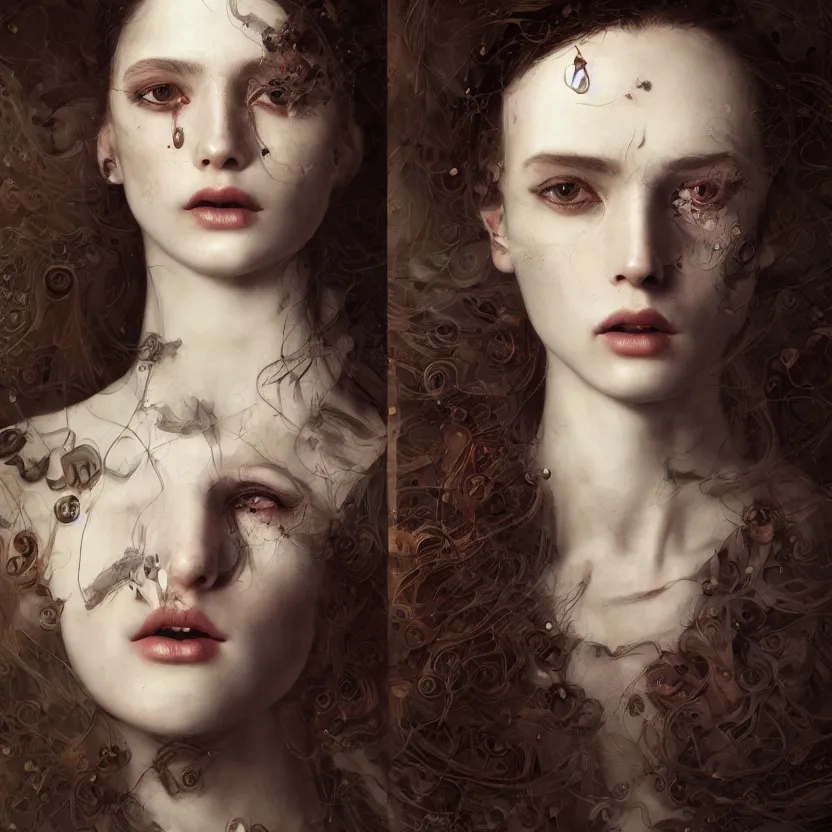 Prompt: stunning close up editorial portrait of a woman, symmetrical face, sci-fi skin, official prada editorial, beautiful pre-raphaelite portrait by charlie bowater, by Hendrik Kerstens, by Zhang Jingna, by norman rockwell, highly detailed