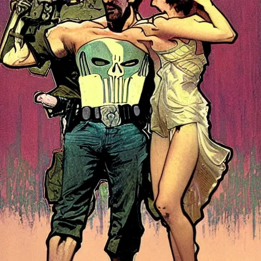 Prompt: The punisher putting a cop in a headlock. Concept art by James Gurney, Alphonso Mucha. Vivid color scheme.