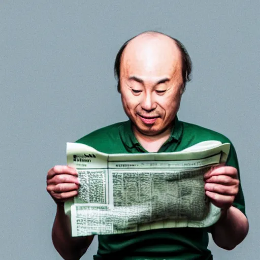 Image similar to japanese balding man with gray hair, holding a newspaper and looking up at his room with contrastic green lighting scary