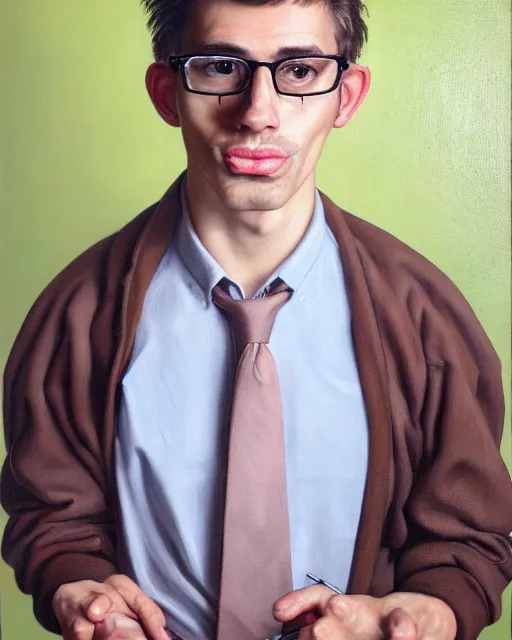 Prompt: a portrait of a goofy looking man with short brown hair and green eyes, wide face, strong jawline, thick rimmed glasses, nerdy, attractive, strong facial features, button - up shirt, handsome and attractive, masculine features, oil on canvas, very detailed oil painting, painting in the style of hyperrealism