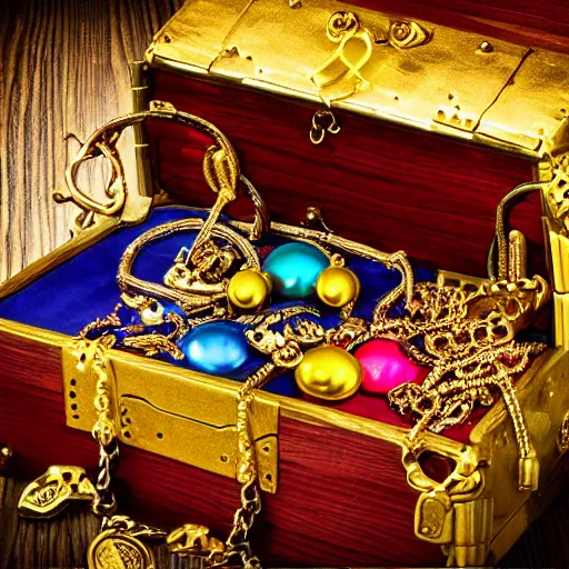 Prompt: pirate treasure chest, color, dslr, gold and jewels