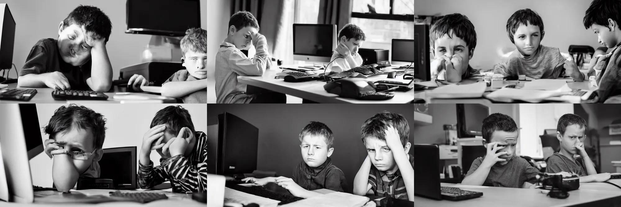 Prompt: black and white photo of hangover man behind computer and sad kid