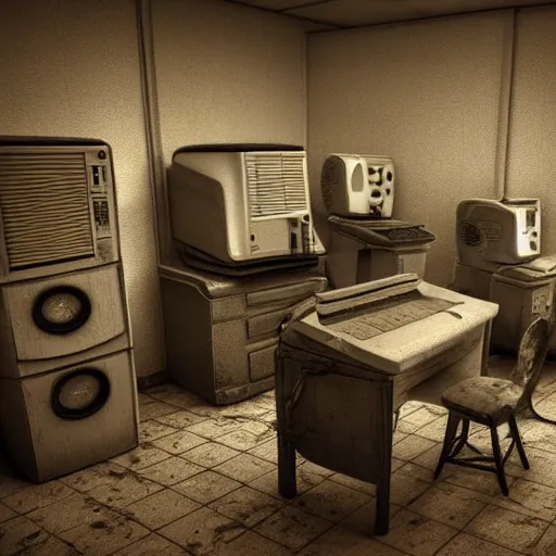 Prompt: An abandoned room with old computers. This place is really scary. There are spiders and an old hacker in the room Highly detailed. 8k. Fantasy horror