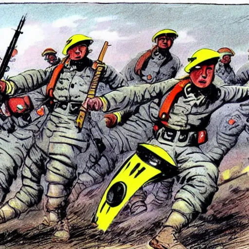 Prompt: : soldiers covered in bright paint during battle with robots, old war cartoon,