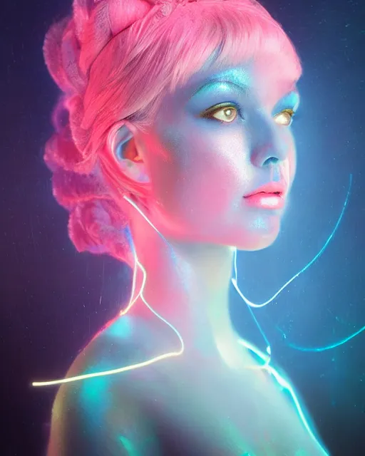 Image similar to natural light, soft focus portrait of an android with soft synthetic pink skin, blue bioluminescent plastics, smooth shiny metal, elaborate ornate head piece, piercings, skin textures, by annie liebovotz, paul lehr