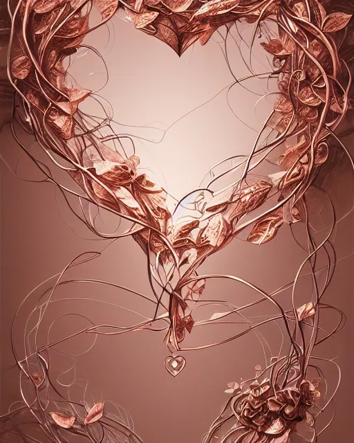 Image similar to rose gold heart, wrapped in vines, vray, machine face, intricate, elegant, highly detailed, digital painting, artstation, cgsociety, concept art, smooth, sharp focus, product - display, illustration, yoshitaka amano, art by camille corot and karol bak and kim tschang yeul, 8 k