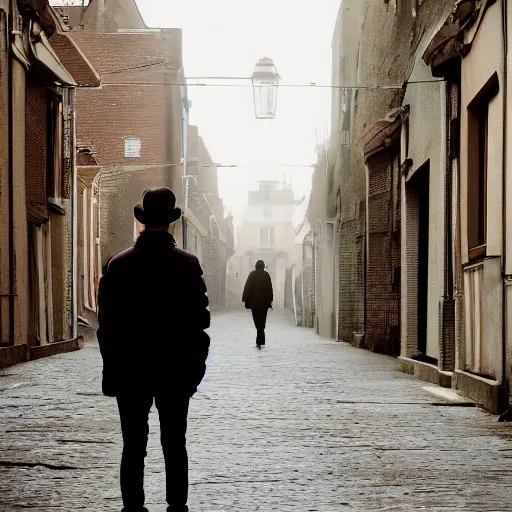 Image similar to photo extreme long shot of invisible manwearing clothes and hat in a back street, cinematic, depth of field, bokeh, atmospheric, 8k, trending on artstation