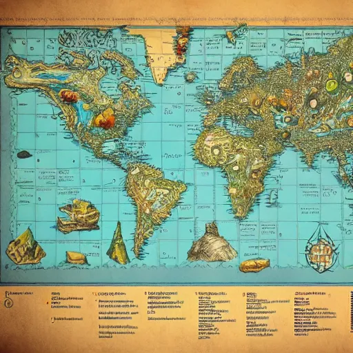 Image similar to imaginary map of a fantacy world, drawing of different elements in the lands, different realms, blueprint, infographic, on paper, natural colors, vintage, with notes, highly detailed, trending on artstation, beautiful