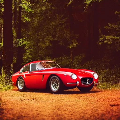Prompt: ferrari 2 5 0 in the forest, night, headlights are on, professional photography, vaporwave