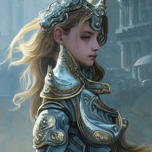 Image similar to portrait knights of Zodiac girl, silver and ice color reflected armor, in ruined Agora of Athens, ssci-fi, fantasy, intricate, very very beautiful, elegant, golden light, highly detailed, digital painting, artstation, concept art, smooth, sharp focus, illustration, art by tian zi and WLOP and alphonse mucha