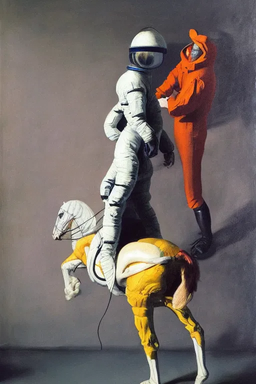 Image similar to a man dressed a horse riding, horse dressed astronaut, hauntingly surreal, highly detailed painting by francis bacon, edward hopper, adrian ghenie, gerhard richter, and james jean soft light 4 k,