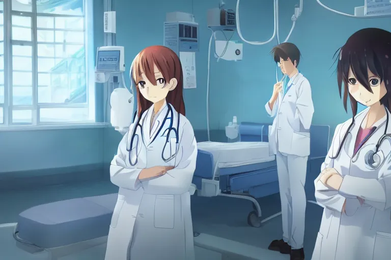 Image similar to a cute young lady, a doctor wearing white coat in hospital ward, slice of life anime, anime scenery by Makoto shinkai