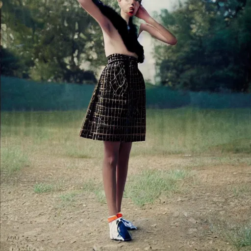 Prompt: realistic! photoshoot for a new balenciaga lookbook, color film photography, portrait of a beautiful woman wearing a bauhaus dress, photo in style of tyler mitchell, 35mm lens