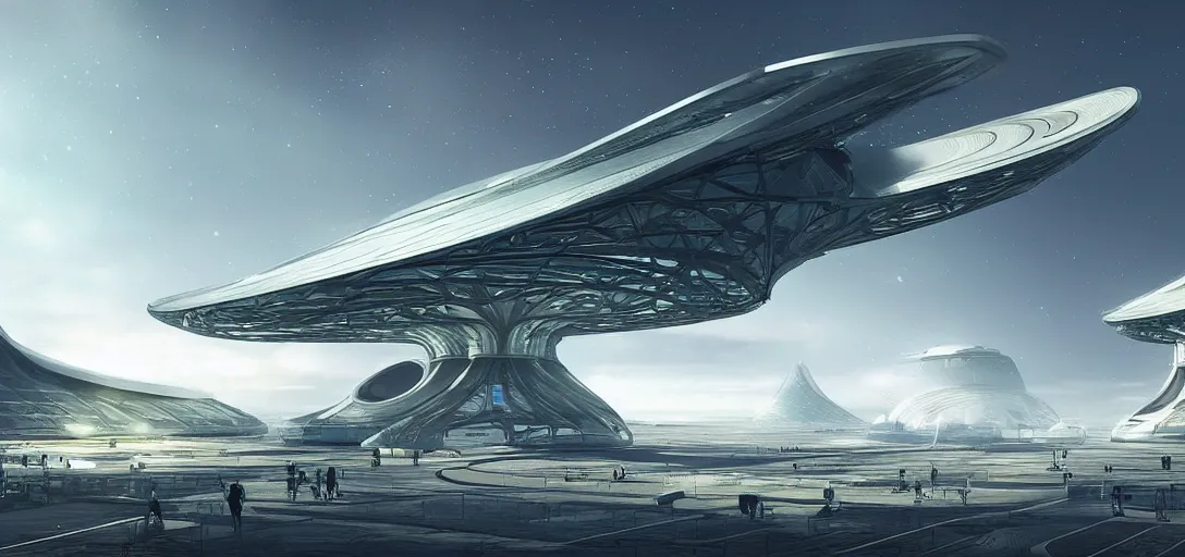 Prompt: a futuristic solarpunk spaceport, designed by norman foster, sci - fi, digital art by paul chadeisson