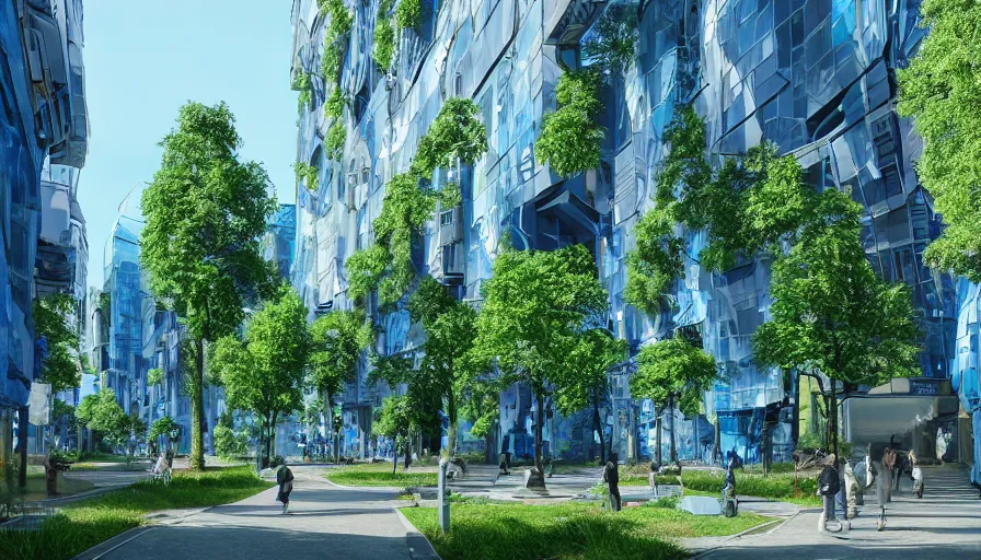 Prompt: futuristic glasgow with blue glass buildings, green alley with trees, hyperdetailed, artstation, cgsociety, 8 k