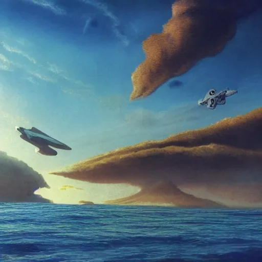 Image similar to beautiful matte painting of golden shores of a blue dreamy ocean, heavenly island in the clouds floating above the ocean, spaceship flying by, towering mountains emerging from the ocean, sci - fi, daylight, blue sky, cinematic lighting, cinematic perspective, syd mead, john harris, federico pelat