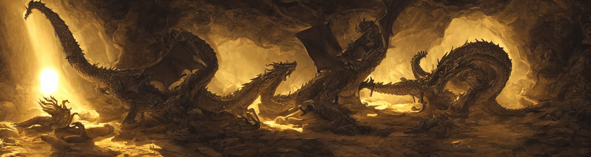 Prompt: A Dragon guards a vast treasure in it's lair, shafts of sunlight appear from missing parts of the interior. Chiaroscuro style painting. 4K.