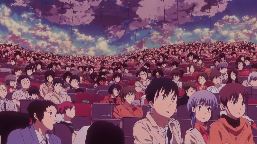 Image similar to people in a busy movie theatre, anime film still from the an anime directed by katsuhiro otomo with art direction by salvador dali, wide lens