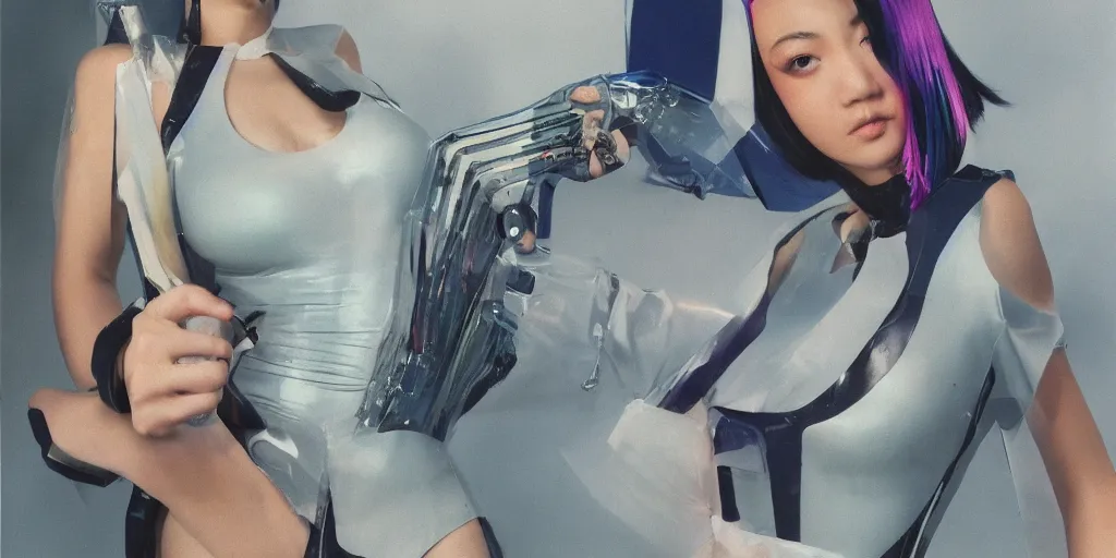 Image similar to a close - up risograph of cyberpunk japanese model girl with black eyes and pretty face wearing latex catsuit and lots of transparent and cellophane accessories, blue hour, twilight, cool, portrait, kodachrome, iso 1 2 0 0, painting by moebius