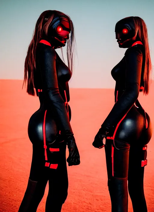 Image similar to cinestill 5 0 d photographic portrait of two scandalous loving female androids wearing rugged black techwear body suits on a desolate plain with a red sky, extreme closeup, cyberpunk style, garters, dust storm, 8 k, hd, high resolution, 3 5 mm, f / 3 2, ultra realistic faces, ex machina