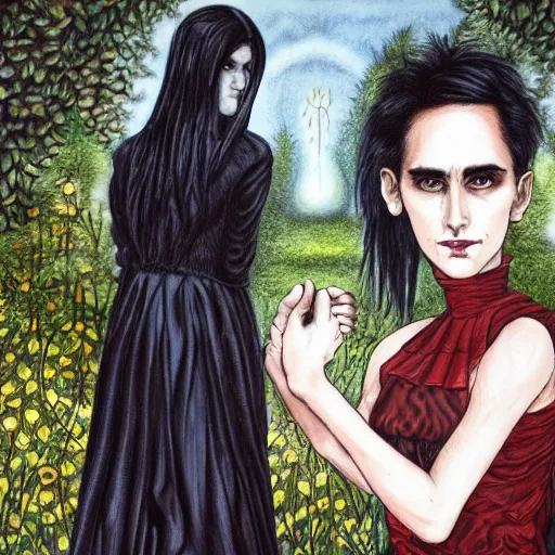 Prompt: stoic heroic emotionless blond butch tomboy woman, standing side by side with taller goth black - haired dark fae jennifer connelly, in love, romantic in romantic garden at night, mike mignogna, illustration, pen and ink, oil painting, highly detailed, sci fi, dreamy and romantic