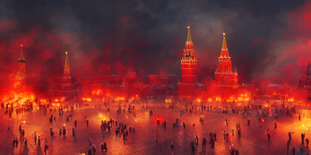 Image similar to beautiful image of burning Red Square in Moscow with fire, saturated, detailed lighting, high quality, sharp focus, intricate, digital painting, artstation, 8k
