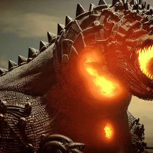 Prompt: Portrait of an angry steampunk Godzilla. 4K. Concept art. Unreal engine. Highly detailed.