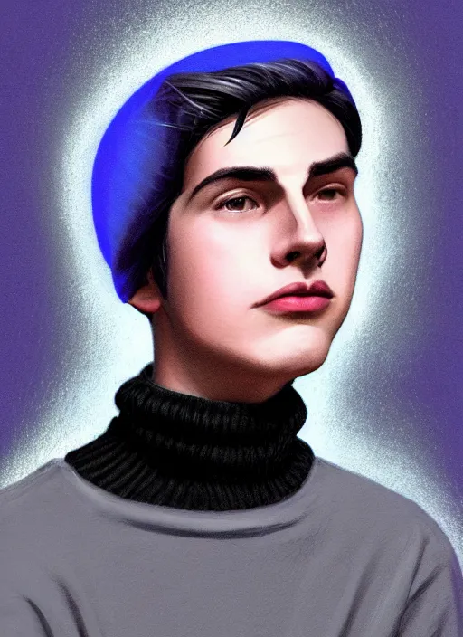 Image similar to portrait of teenage jughead jones wearing a light grey crown, crown, blue turtleneck, 1 9 5 0 s, closed eyes, photorealistic, black hair, glowing lighting, intricate, elegant, glowing lights, highly detailed, digital painting, artstation, concept art, smooth, sharp focus, illustration, art by wlop, mars ravelo and greg rutkowski