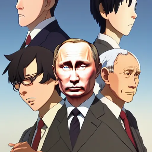 Image similar to portrait of putin gone wild, artstation, cartoon, elegant, highly detailed, digital painting, masterpiece art by ghibli!, makoto shinkai!, bluth!, fujita goro!, giraud!, ghailan!, akihiko yoshida!, fadeev! 8 k