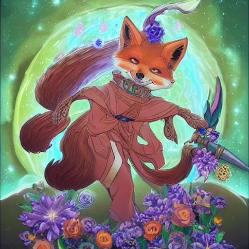 Image similar to a stop motion avatar portrait of an awesome cosmic powerful kitsune fox mage being themed around death and the stars and the cosmos, covered in flowers, holding an enchanted dagger, in the style of dnd beyond avatar portraits, beautiful, artistic, elegant, lens flare, magical, lens flare, nature, realism, stylized, art by jeff easley