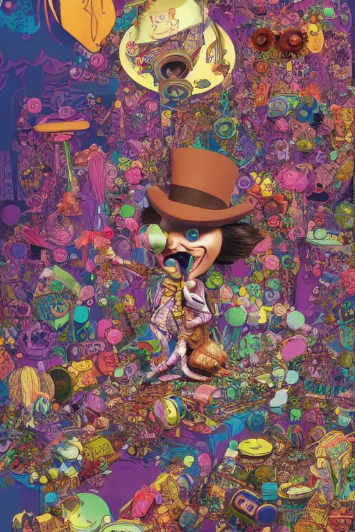 Image similar to whimsical pixar Johnny Depp in wonderland Willy Wonka's Chocolate Factory, Illustration, Colorful, insanely detailed and intricate, super detailed, by Lulu Chen, moebius, craig mullins