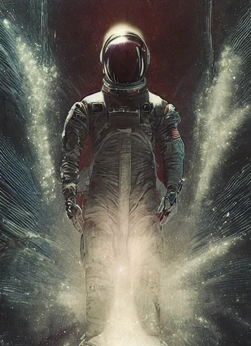 Image similar to astronaut in dark void underwater - complex and hyperdetailed technical suit design. reflection and dispersion materials. rays and dispersion of light. volumetric light. f / 3 2. noise film photo. flash photography. ultra realistic, 5 0 mm. poster by wayne barlowe, hajime sorayama aaron horkey, craig mullins