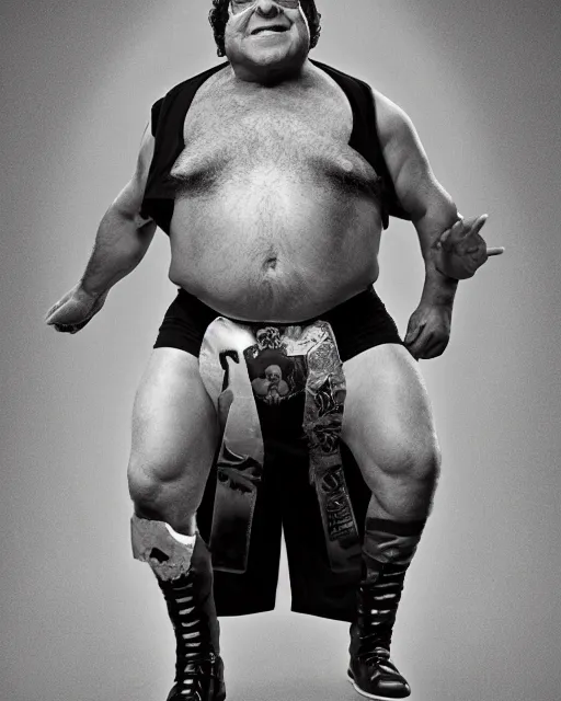 Image similar to portrait of danny devito as a wwe wrestler. photographic, photography