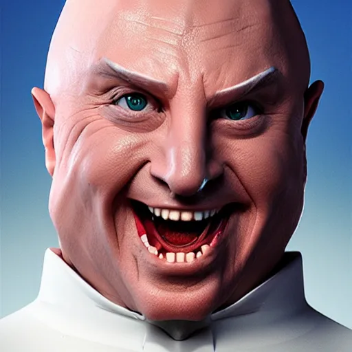 Image similar to Laughing Dr Evil from Austin Powers, portrait, sharp focus, digital art, Hyper-realistic, 4K, Unreal Engine, Highly Detailed, HD, Dramatic Lighting by Brom