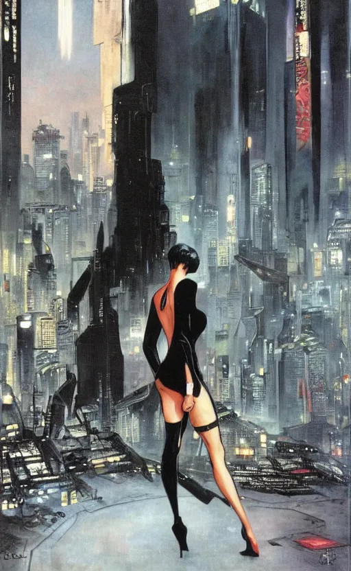 Prompt: an elegant Black woman in dress and heels, her back is to us, looking at a futuristic Blade Runner city, by Robert McGinnis