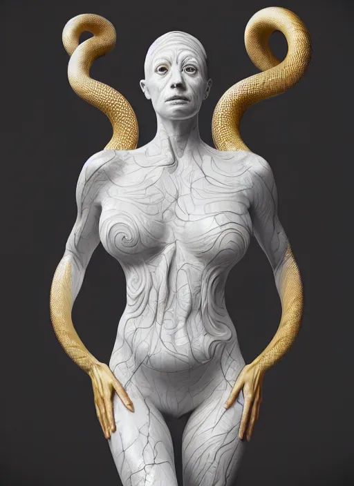 Prompt: a statue made of white marble with gold veins, of bubblebutt snakes, transhumanism, hyper realistic, hyper detailed, by johannen voss, by peter kemp, by monia merlo, by michelangelo, by ernst haeckel, by alex grey, octane render, blender, 8 k