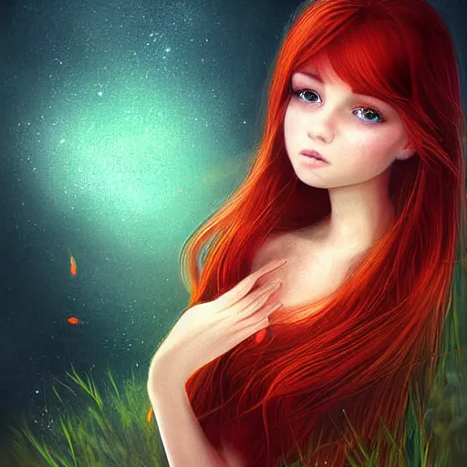 Image similar to sharp, intricate fine details, breathtaking, digital art portrait of a red haired girl with green eyes in a dreamy, mesmerizing scenery with fireflies