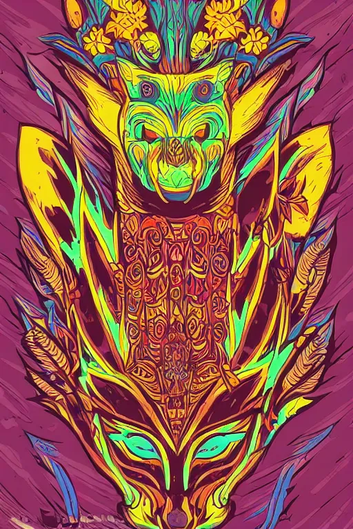 Image similar to animal mask totem roots flower tribal feather gemstone plant wood rock shaman vodoo video game vector cutout illustration vivid multicolor borderlands comics by josan gonzales and dan mumford radiating a glowing aura