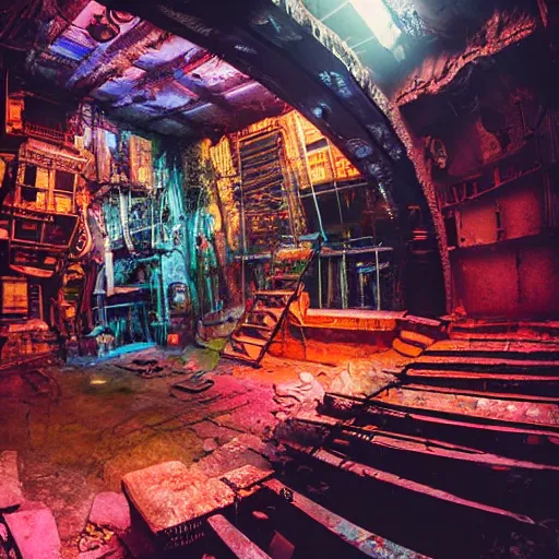 Image similar to glowing translucent theater stage in las pozas, cyberpunk, dark room, science fiction magazine, cut out collage, 4 k close up, wide angle