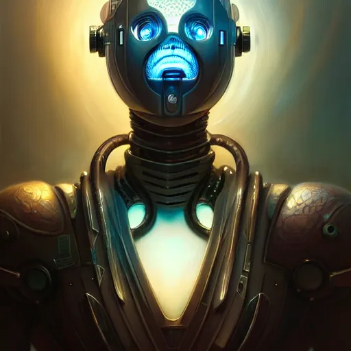 Image similar to low angle shot of a cyberpunk robot character, intricate, elegant, highly detailed, centered, digital painting, artstation, concept art, front shot, smooth, sharp focus, illustration, artgerm, Tomasz Alen Kopera, Peter Mohrbacher, donato giancola, Joseph Christian Leyendecker, WLOP, Boris Vallejo