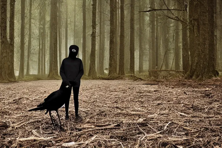 Prompt: !! human mixed with a crow, photograph captured in a dark forest