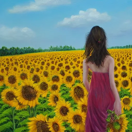 Image similar to a girl slowly walking through amazing tall sunflower field, her hair flowing down, subtle, intricate details, real masterpiece, oil on canvas, by somsak anong