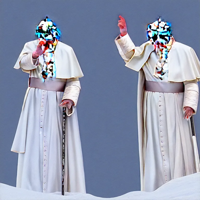 Image similar to pope benedict standing on a snowy mountain slope. skiing. wearing long white dress. blessing with the hand. detailed cloth, detailed face. concept art. matte painting