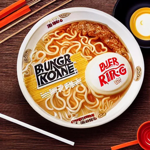 Prompt: burger king branded ramen. photography. food photoshoot. advertisment photography. 4 k. realistic.